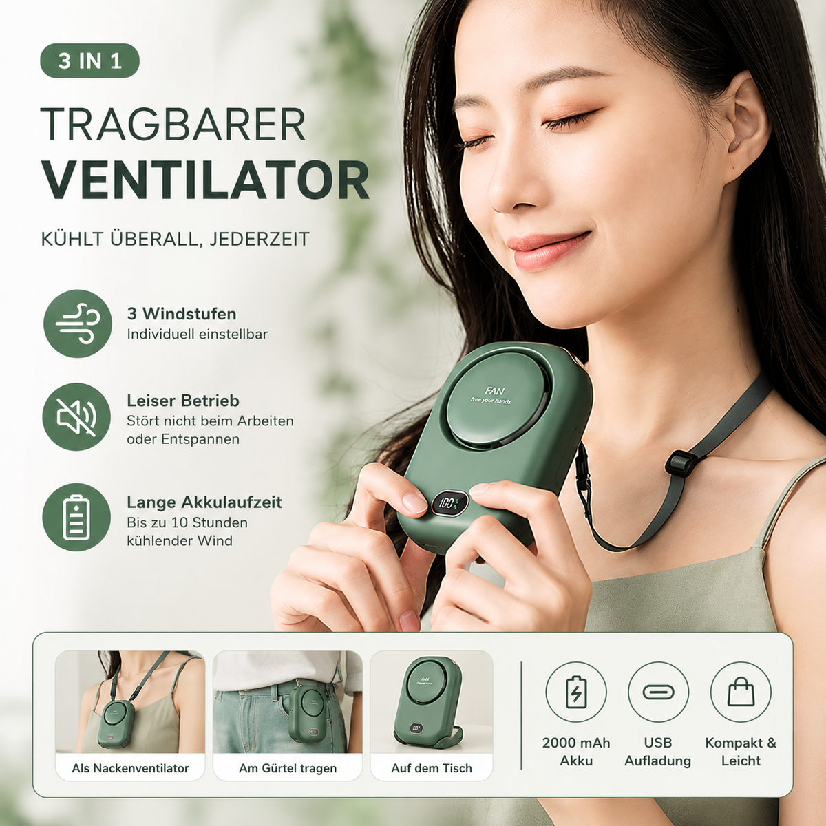 Blattloser Nackenventilator mit Digitalanzeige – Leise, USB-aufladbar & freihändig