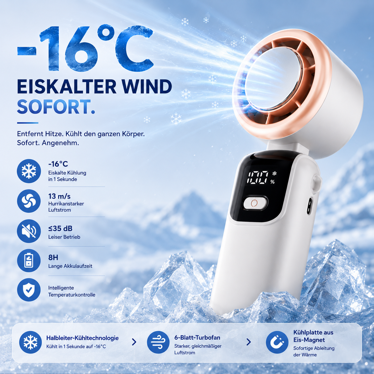 Hochleistungs-Handventilator mit USB & starker Eis-Kühlplatte