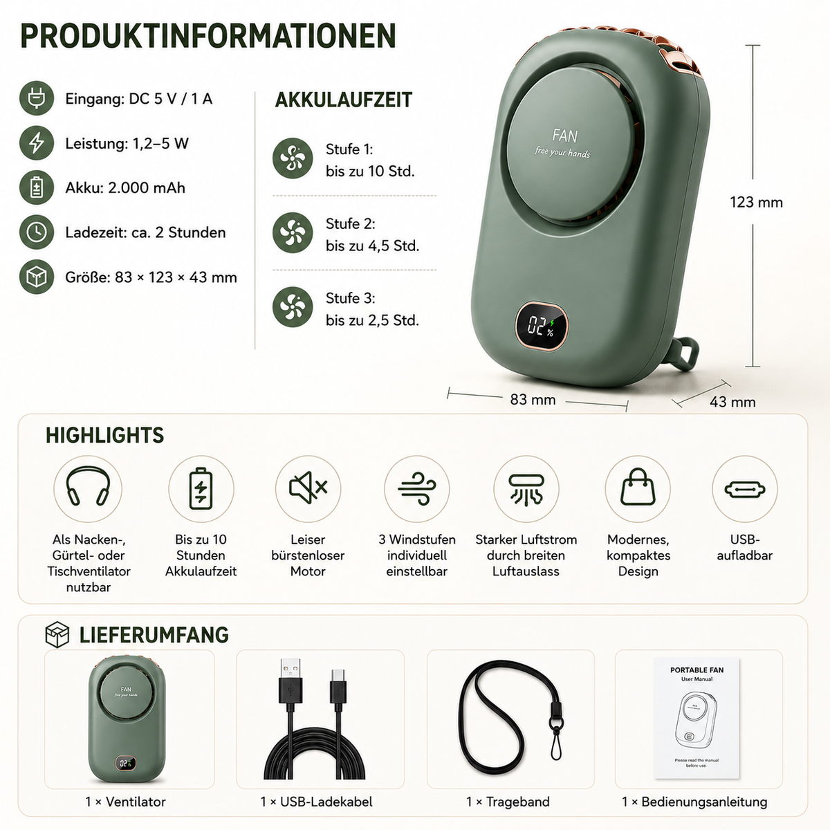 Blattloser Nackenventilator mit Digitalanzeige – Leise, USB-aufladbar & freihändig