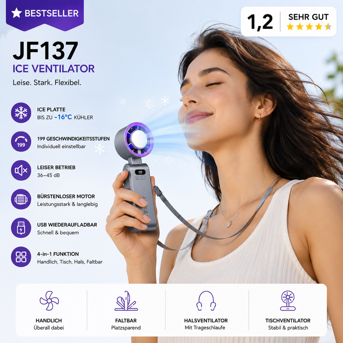 Turbo-Handventilator mit Eis-Kühlplatte – Leistungsstark & USB-aufladbar