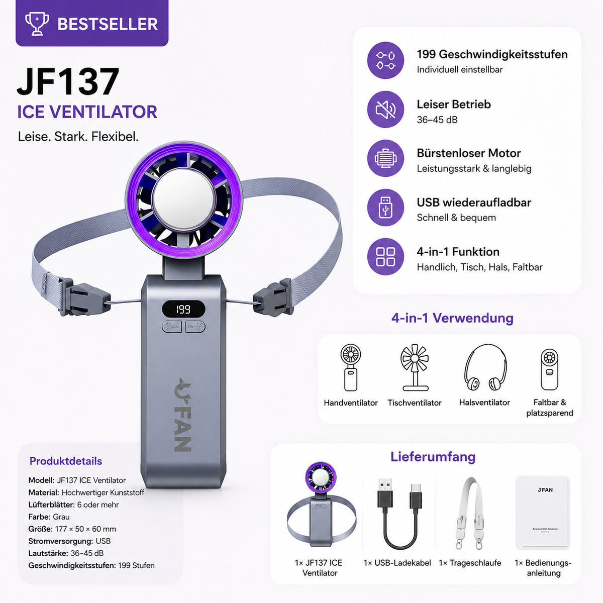 Turbo-Handventilator mit Eis-Kühlplatte – Leistungsstark & USB-aufladbar