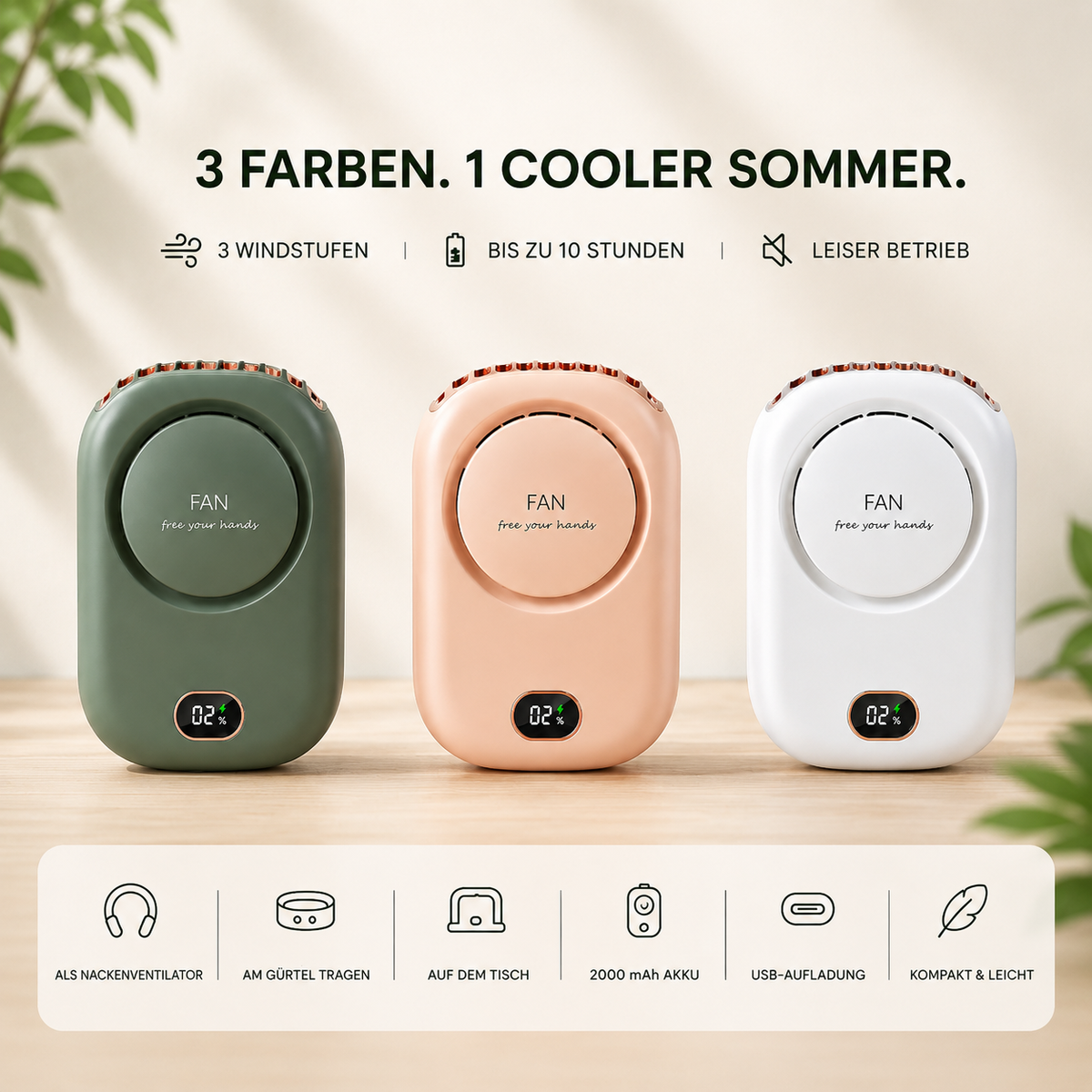 Blattloser Nackenventilator mit Digitalanzeige – Leise, USB-aufladbar & freihändig