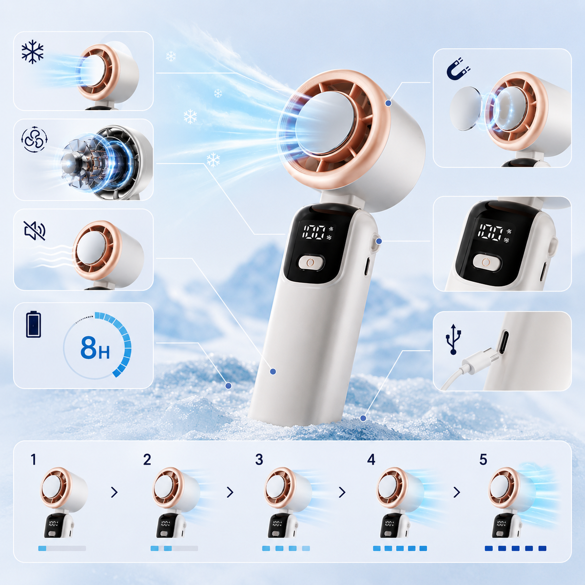 Hochleistungs-Handventilator mit USB & starker Eis-Kühlplatte